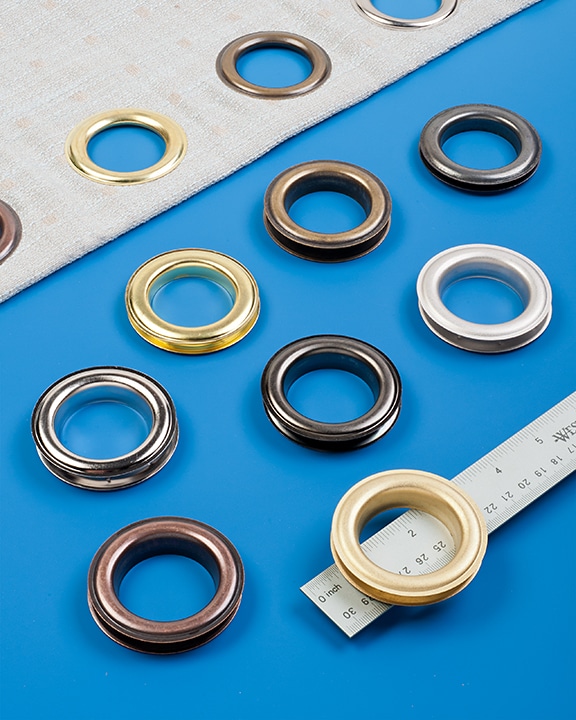 ClipsShop curtain eyelets sold by METALgrommets.com in 8 popular colors are made of high-quality non-rusting brass